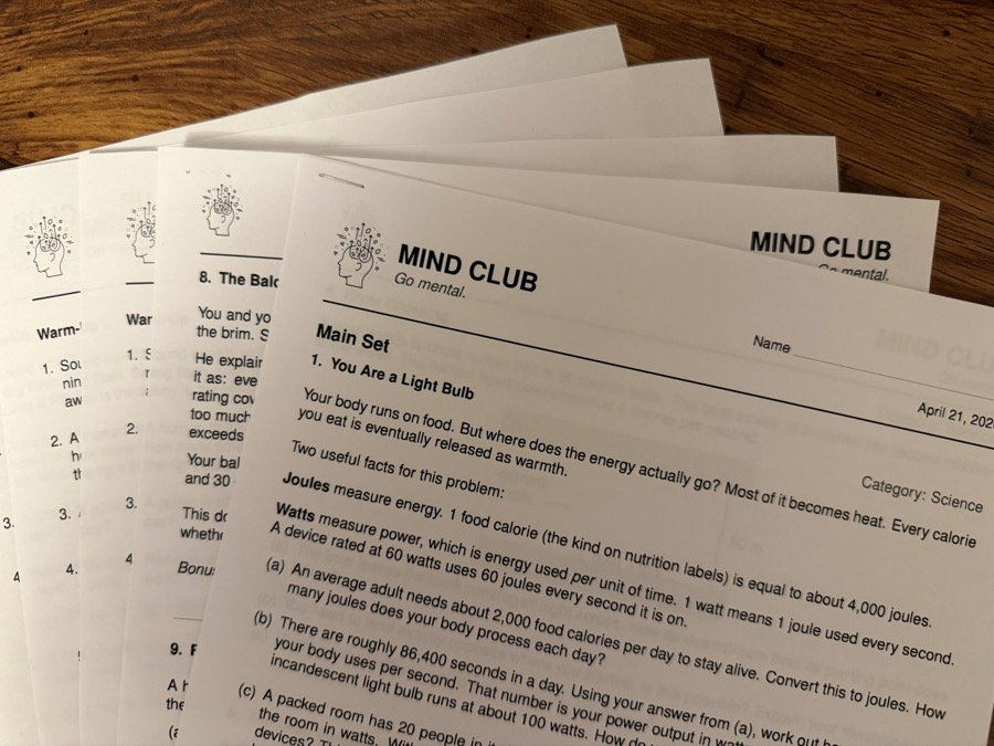 Mind Club exercise sheets on a table