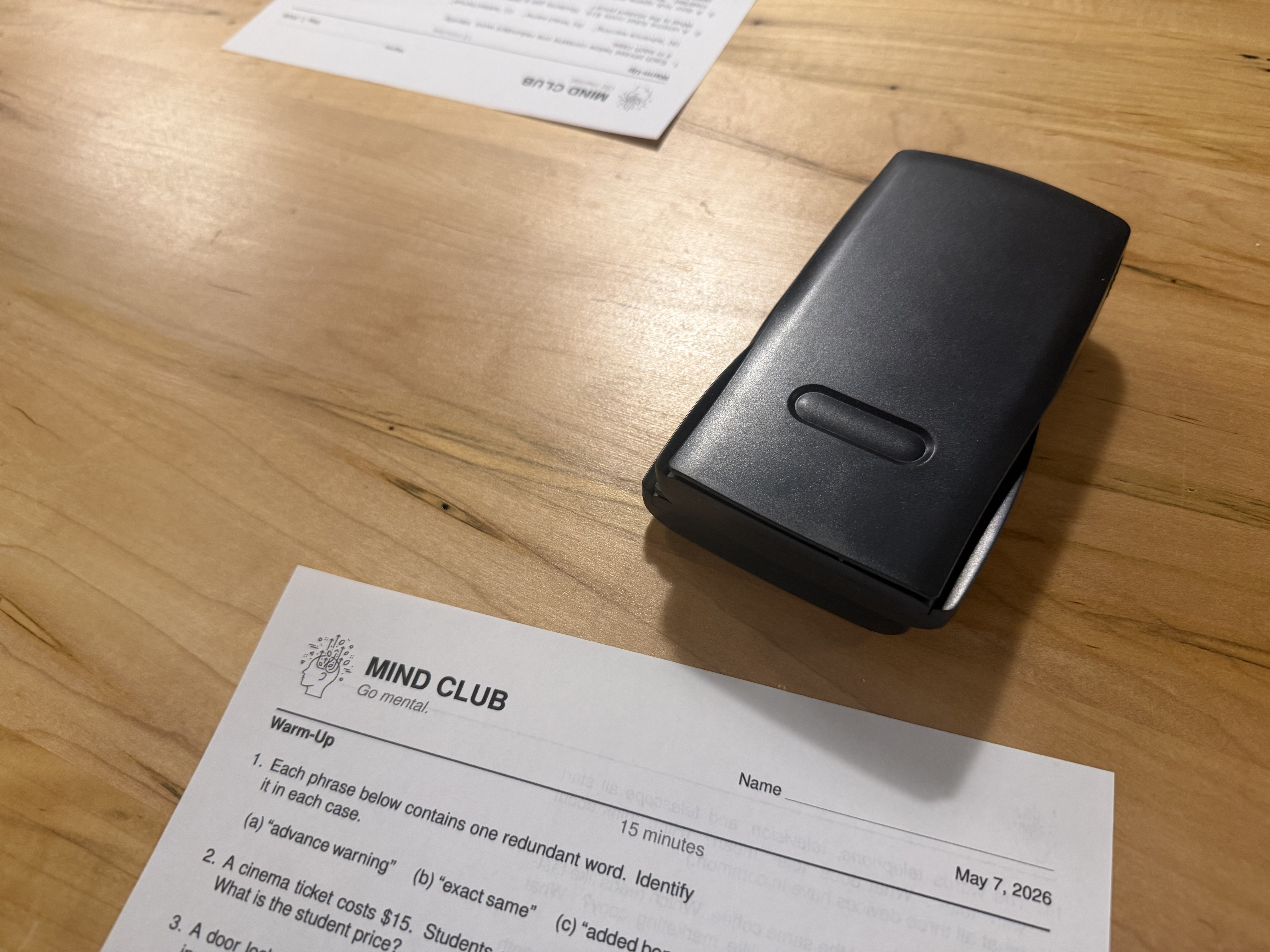 Calculator on a Mind Club exercise sheet