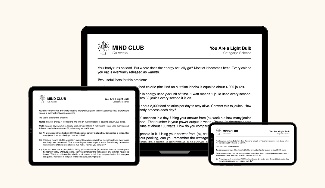 Mind Club Weekly Problems shown on desktop, tablet, and phone